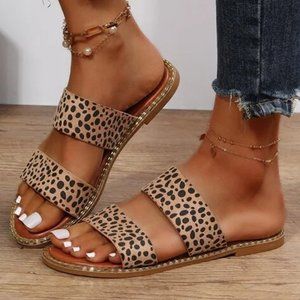 Leopard Double Straps Flat Slippers